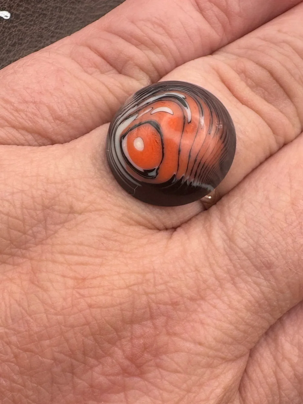 Vintage 60s 70s Orange Black Swirl Cabochon Adjustable Ring
